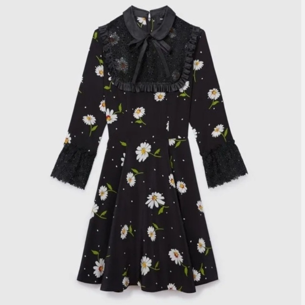 The Kooples Silk Floral Daisy Lace Tie Neck Dress 6